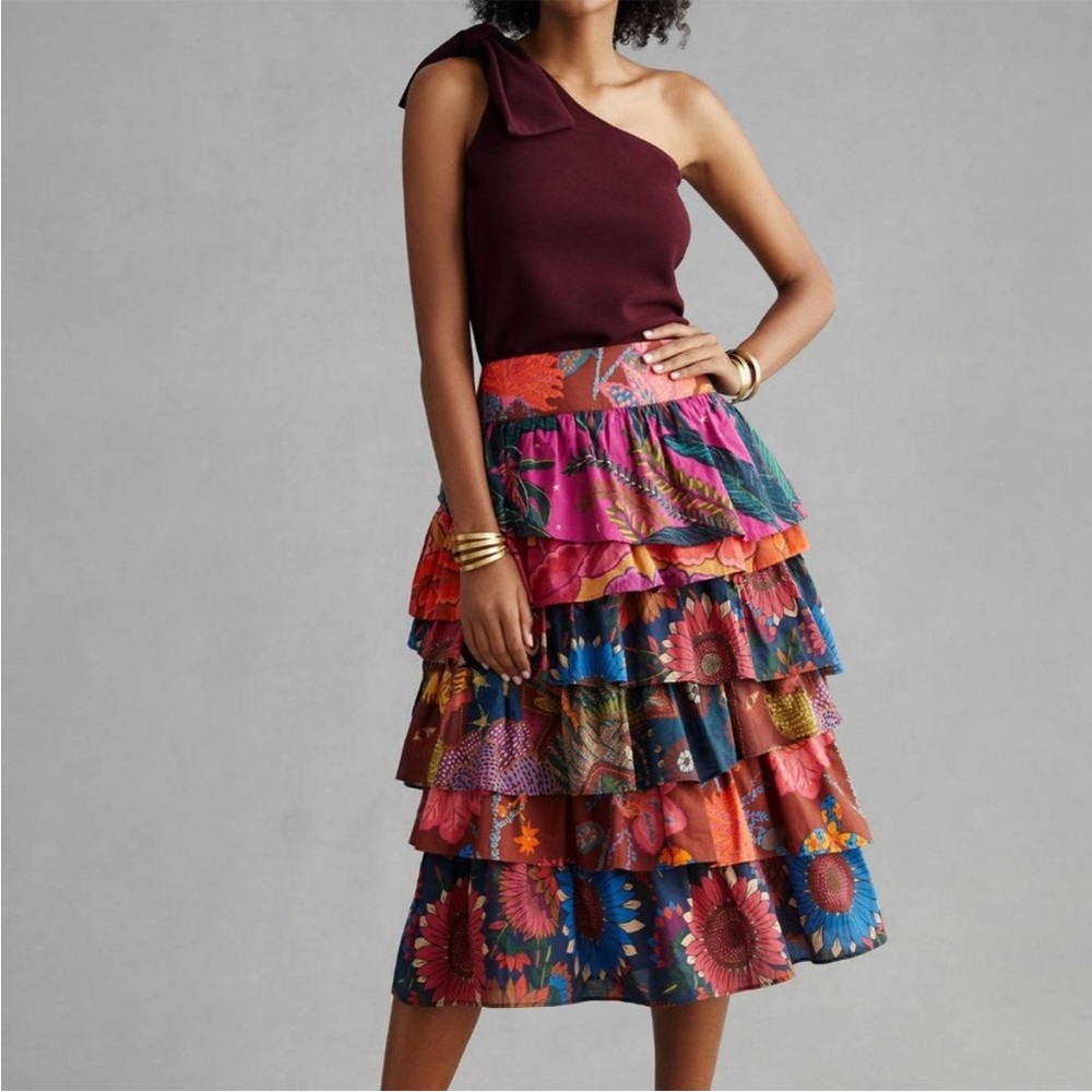 Farm Rio Tiered Midi Skirt